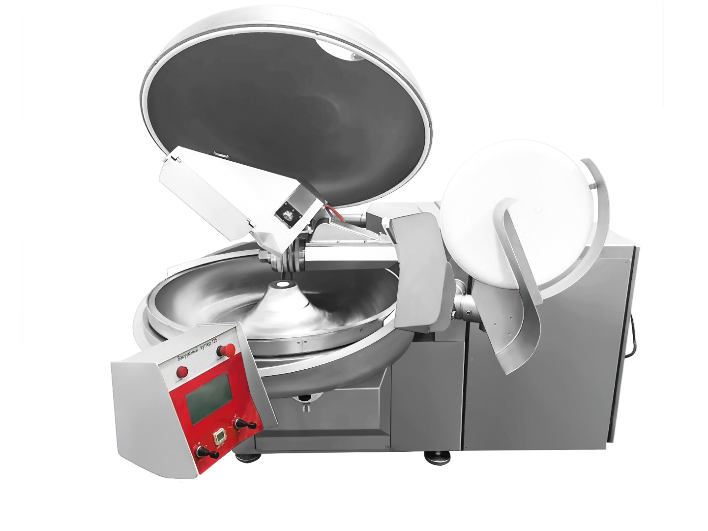 A large industrial bowl cutter with its lid open, showing the knives and bowl