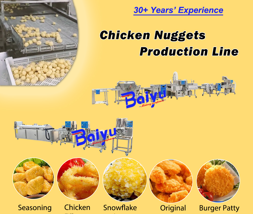 A complete chicken nugget production line in a factory