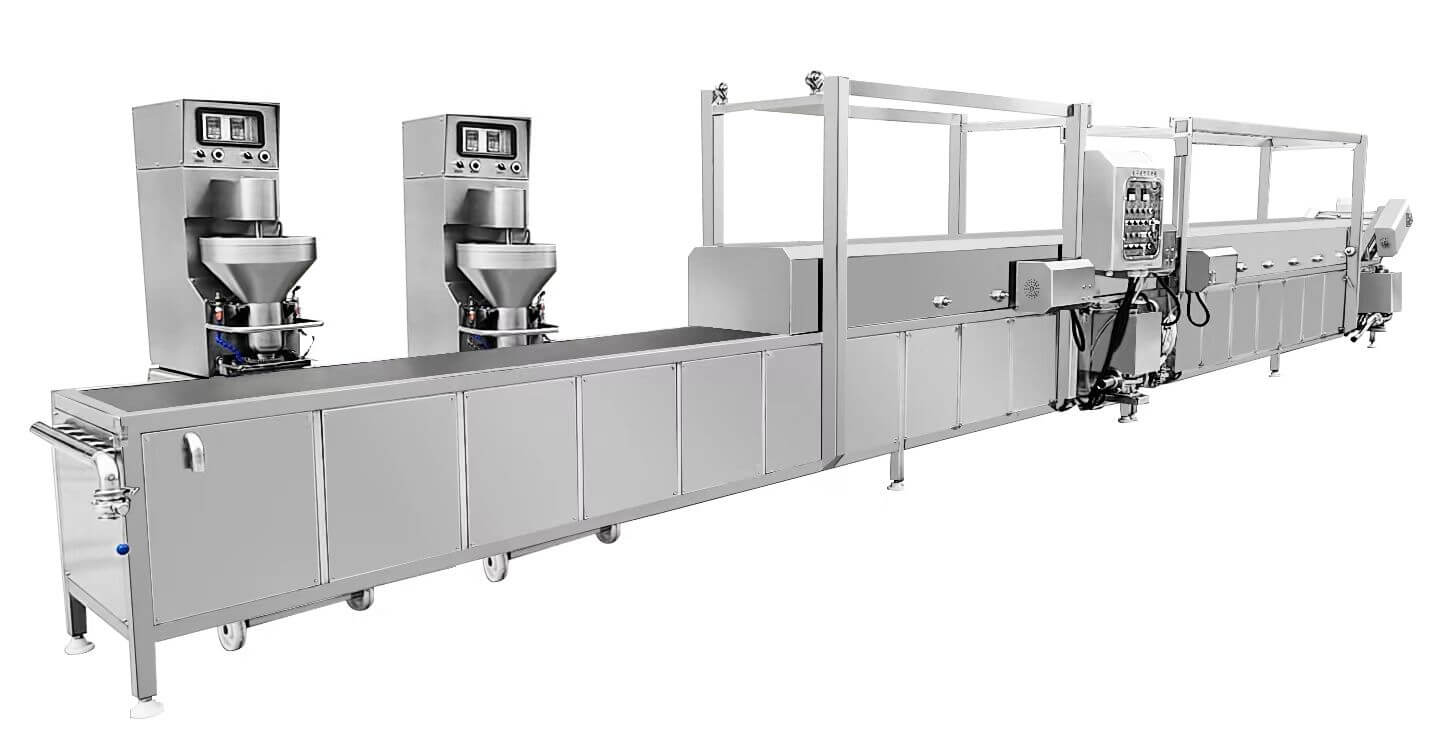 A long, automated production line for food processing